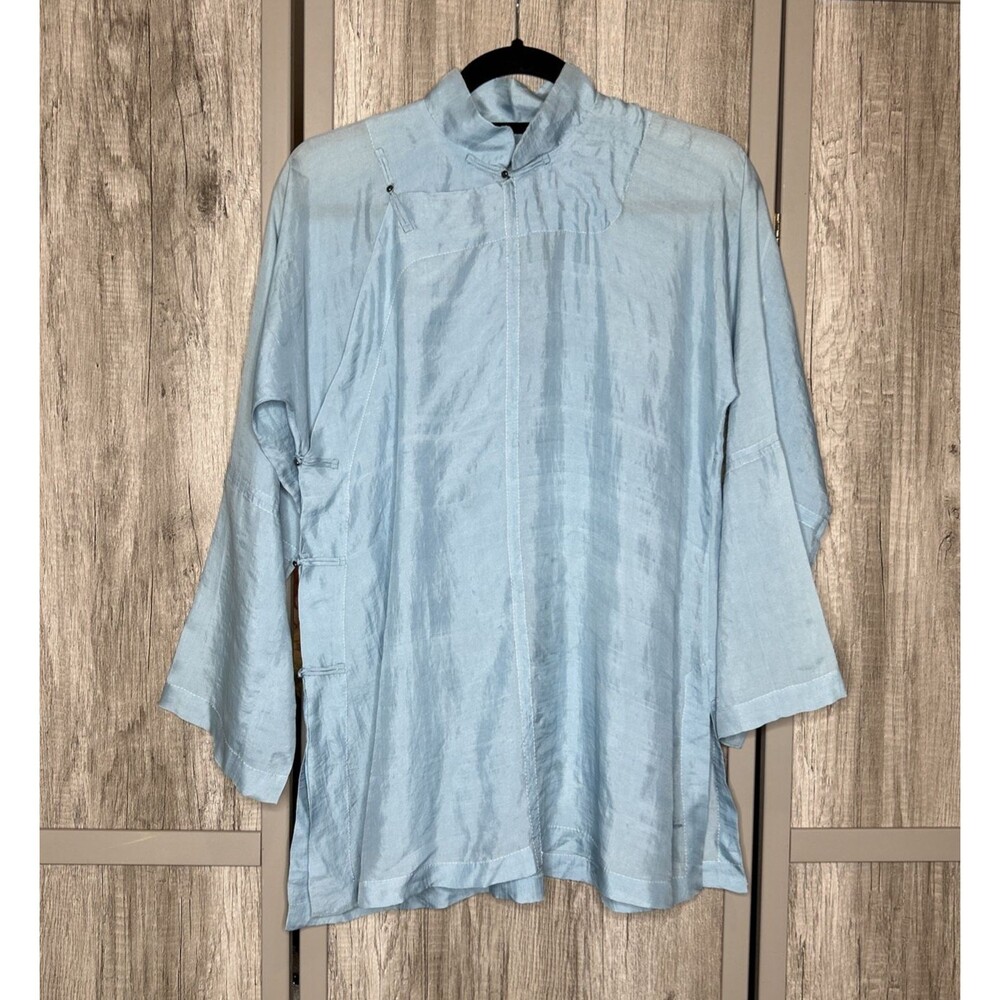 Dosa  Silk Top Mandarin Collar Long Sleeve Boho Lightweight Blue